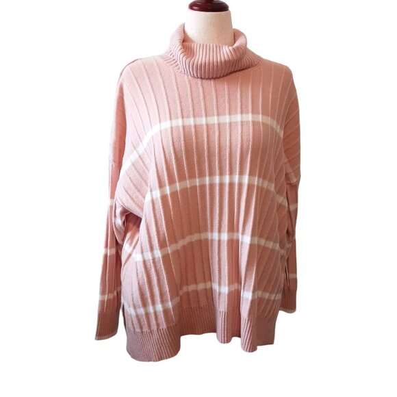 NEW Calvin Klein Striped‎ Turtleneck Rib Texture Sweater in Blush Pink, Size L - Picture 1 of 10